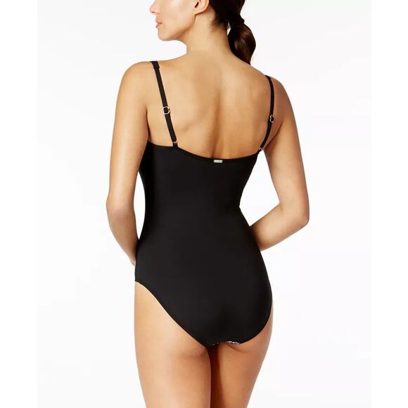 Calvin Klein Square Neck Ruched One Piece Swimsuit Black Size 4 New - Picture 2 of 8